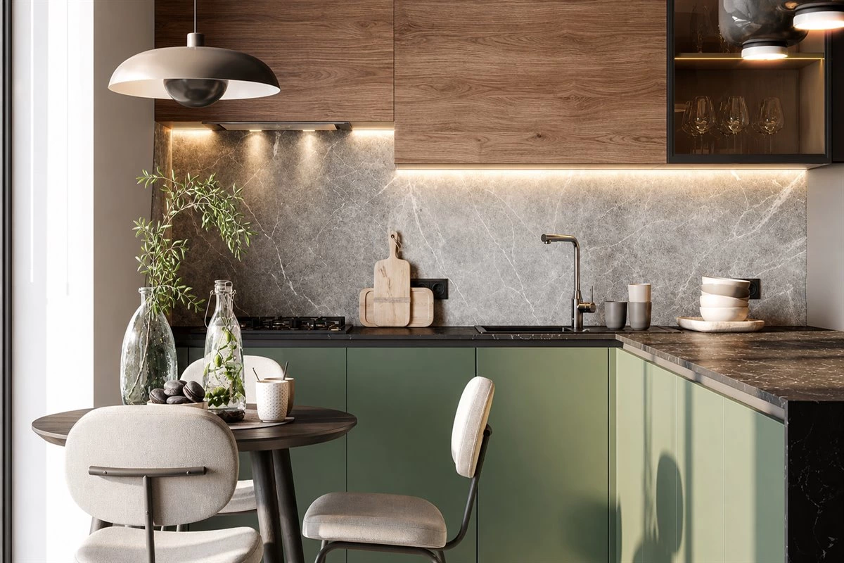 Green and wood modern kitchen with dining bar Green and wood modern kitchen cabinets with stone countertop and dining bar