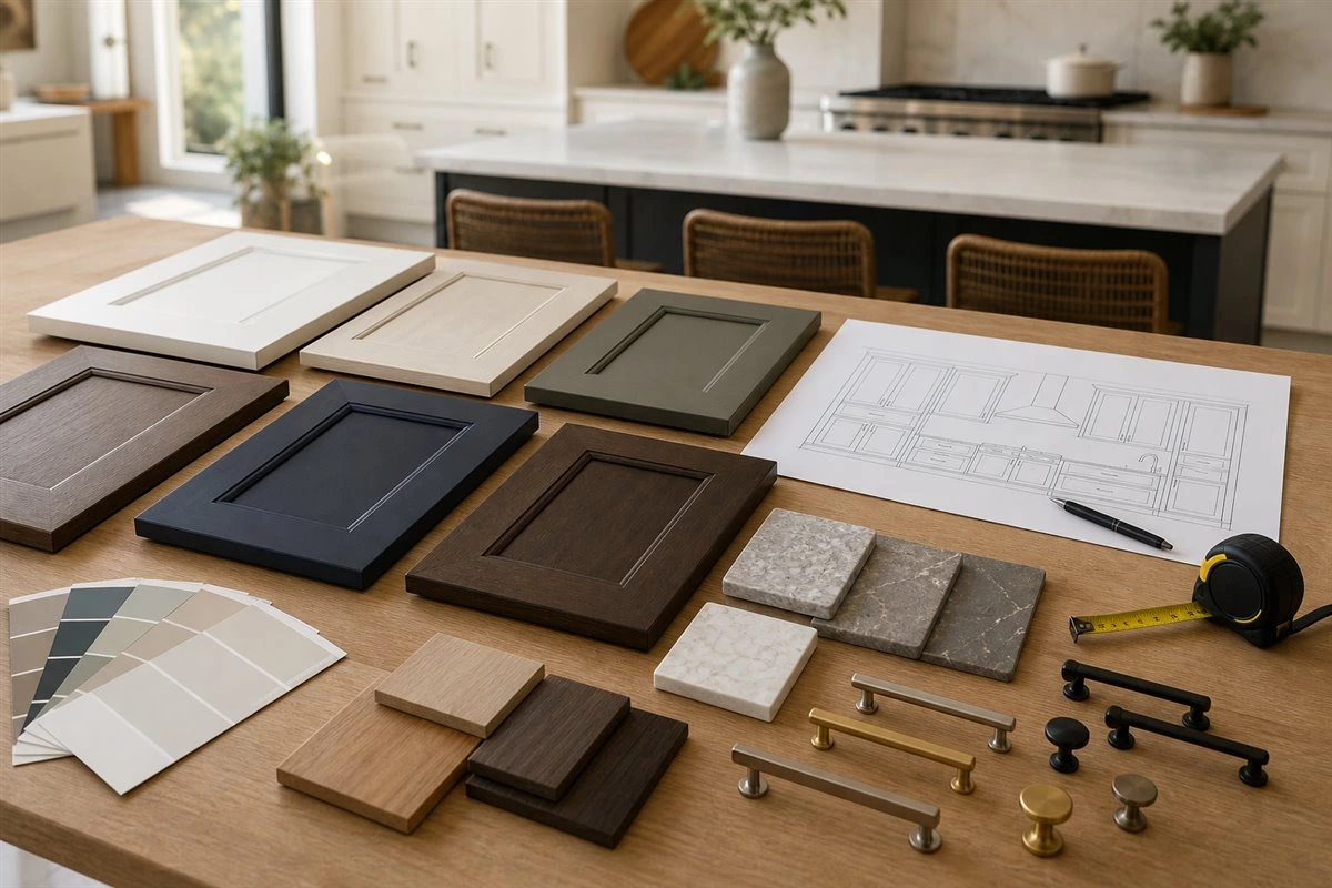 Kitchen cabinet door style planning with finish samples and hardware options