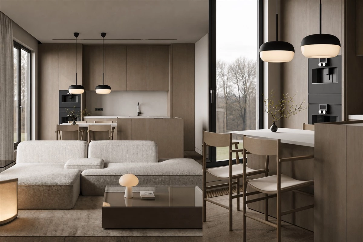 I-shaped apartment kitchen cabinetry with an eat-in island