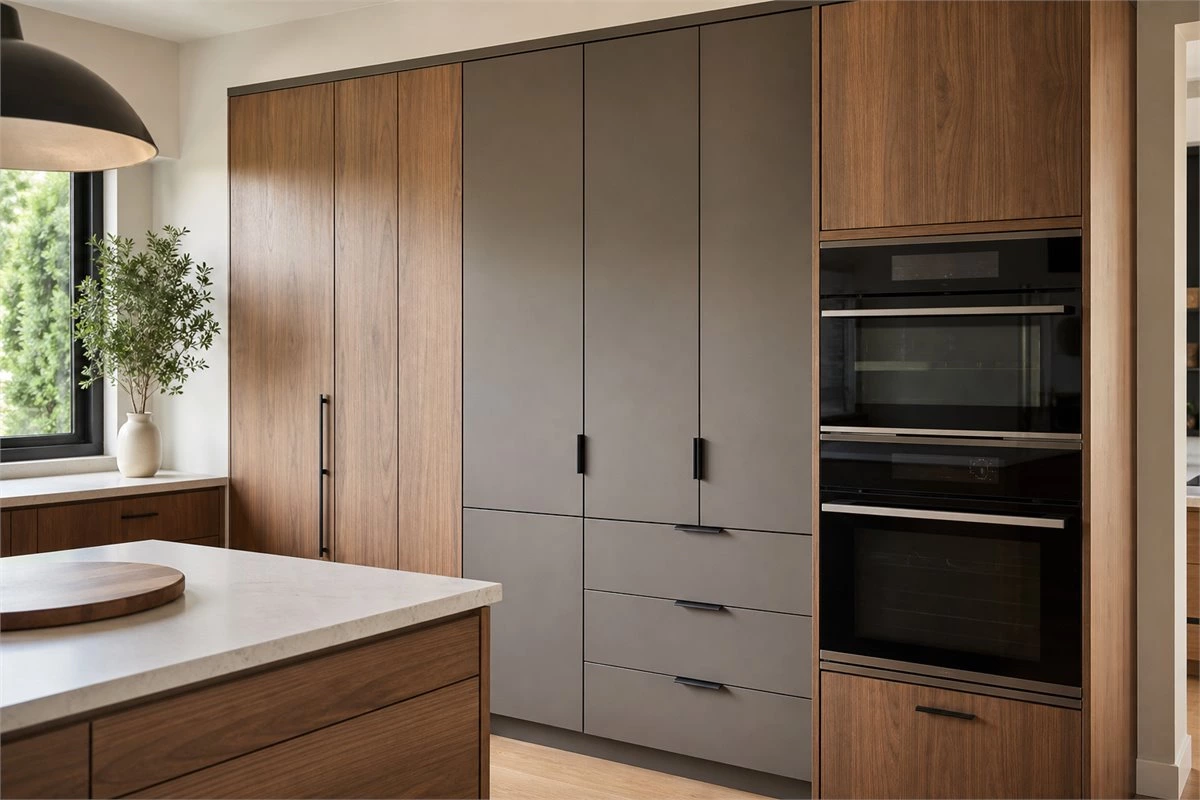 Tall kitchen pantry cabinet and built-in appliance housing aligned in a modern kitchen installation