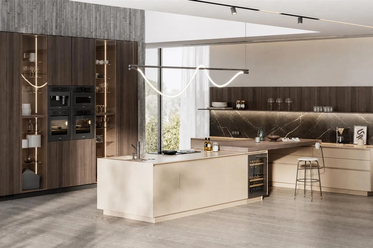 Integrated modern kitchen space with coordinated cabinet finishes