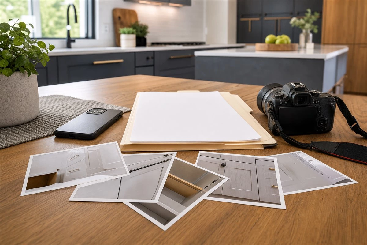 Organized kitchen cabinet warranty claim process with photos and order documents