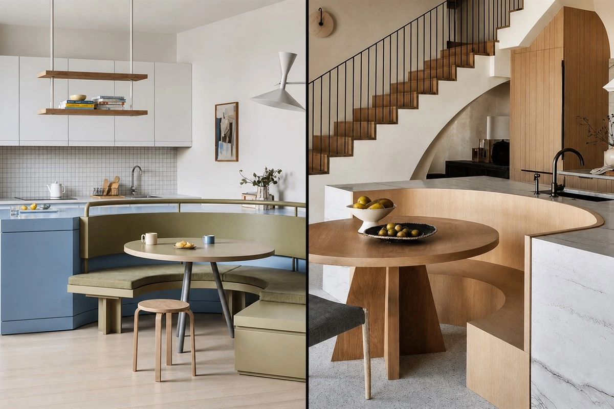 Kitchen island with integrated banquette seating