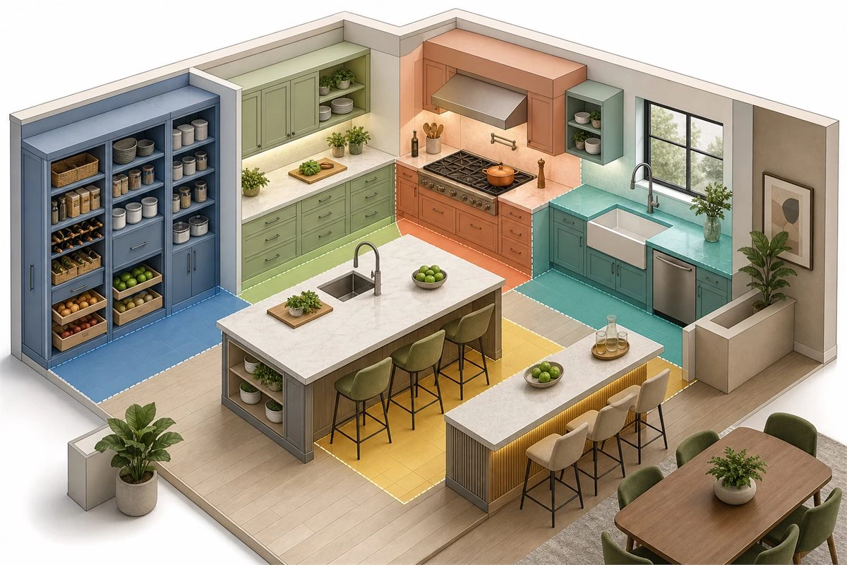 Modern kitchen zones for storage preparation cooking and cleanup