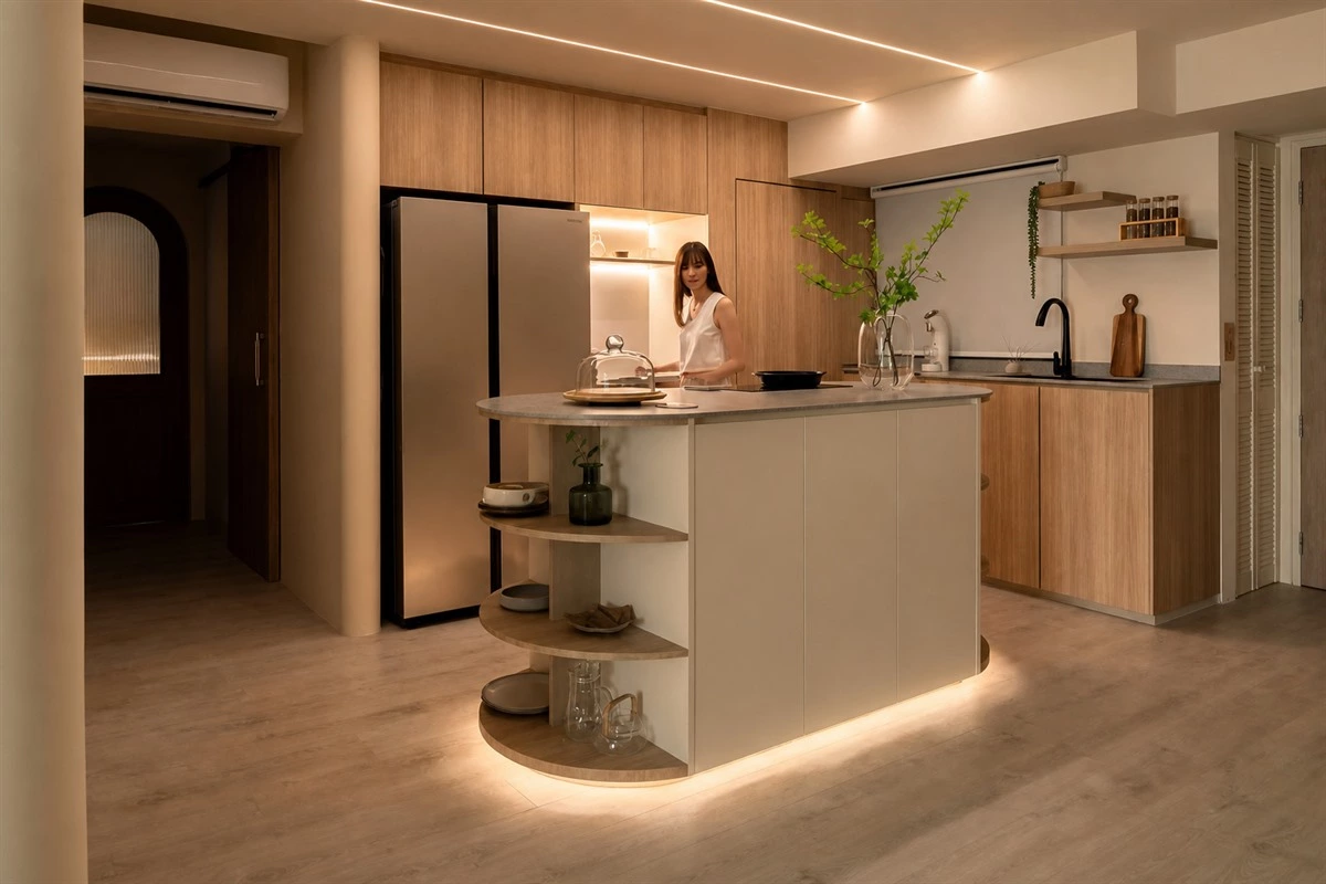 Ambient pendant lighting and concealed LED strips in a luxury kitchen