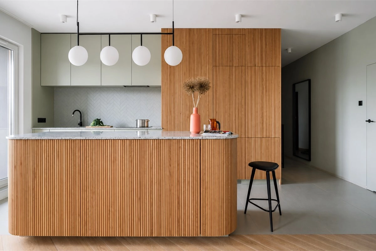 Minimalist kitchen color solution using white grey black and beige cabinet finishes