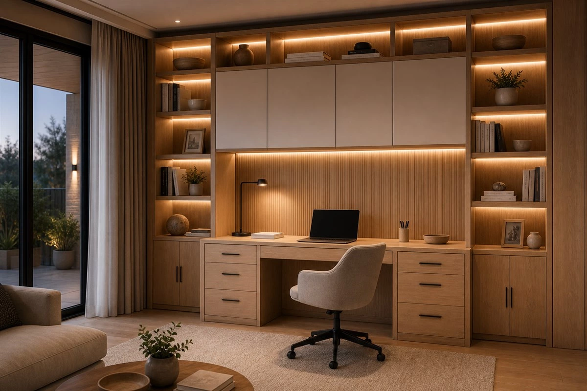 modern custom home office cabinets with built in desk shelves and LED lighting