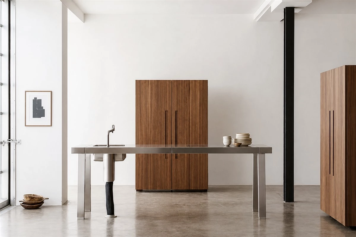 Modular kitchen worktable and equipment cabinet layout