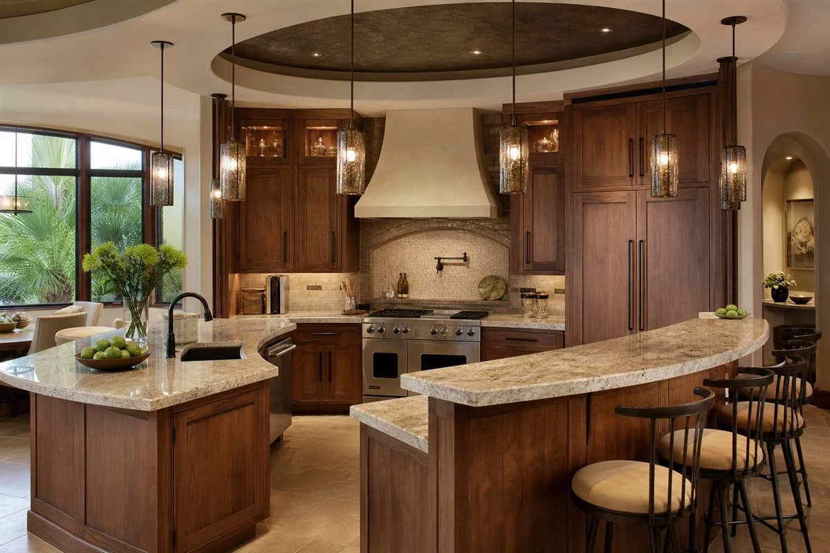 Semi-circular kitchen with separate preparation area and lighting