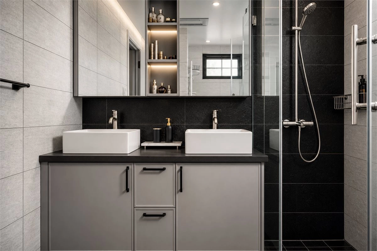 Semi-open mirror cabinet with visible and concealed bathroom storage