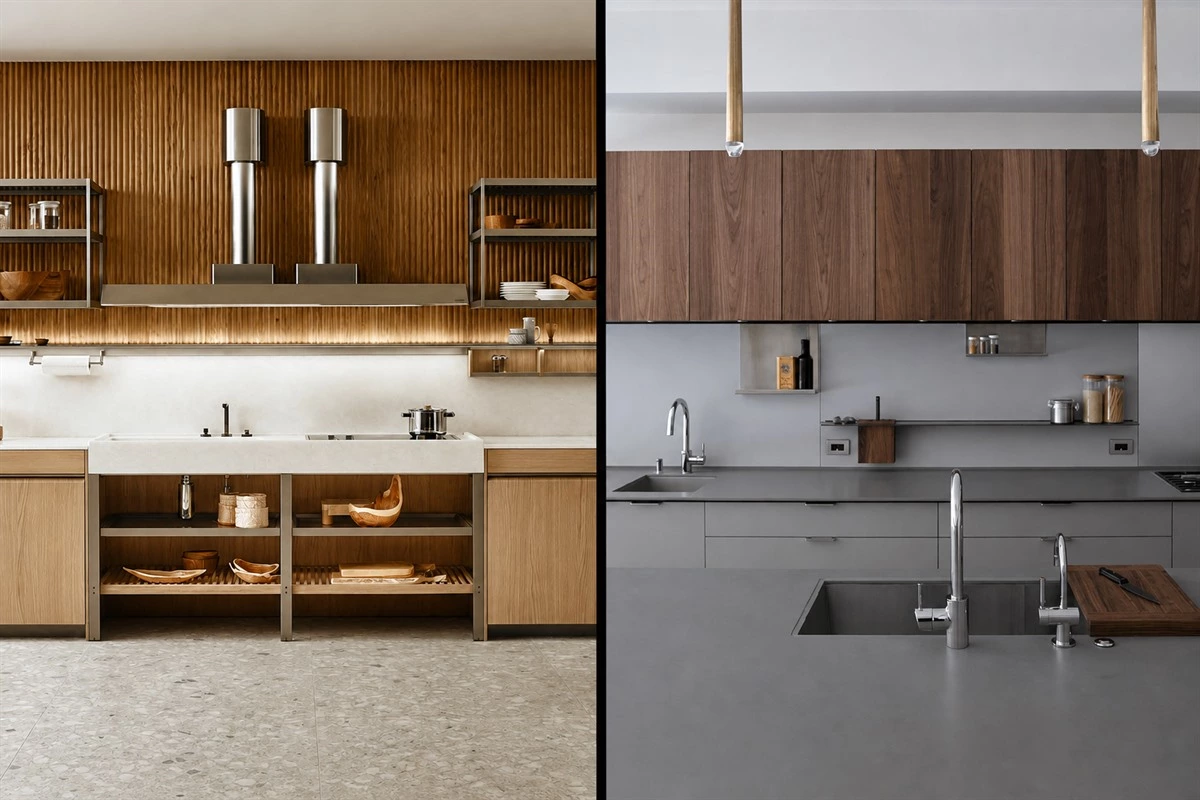 Stainless steel and natural wood kitchen cabinets with contrasting finishes