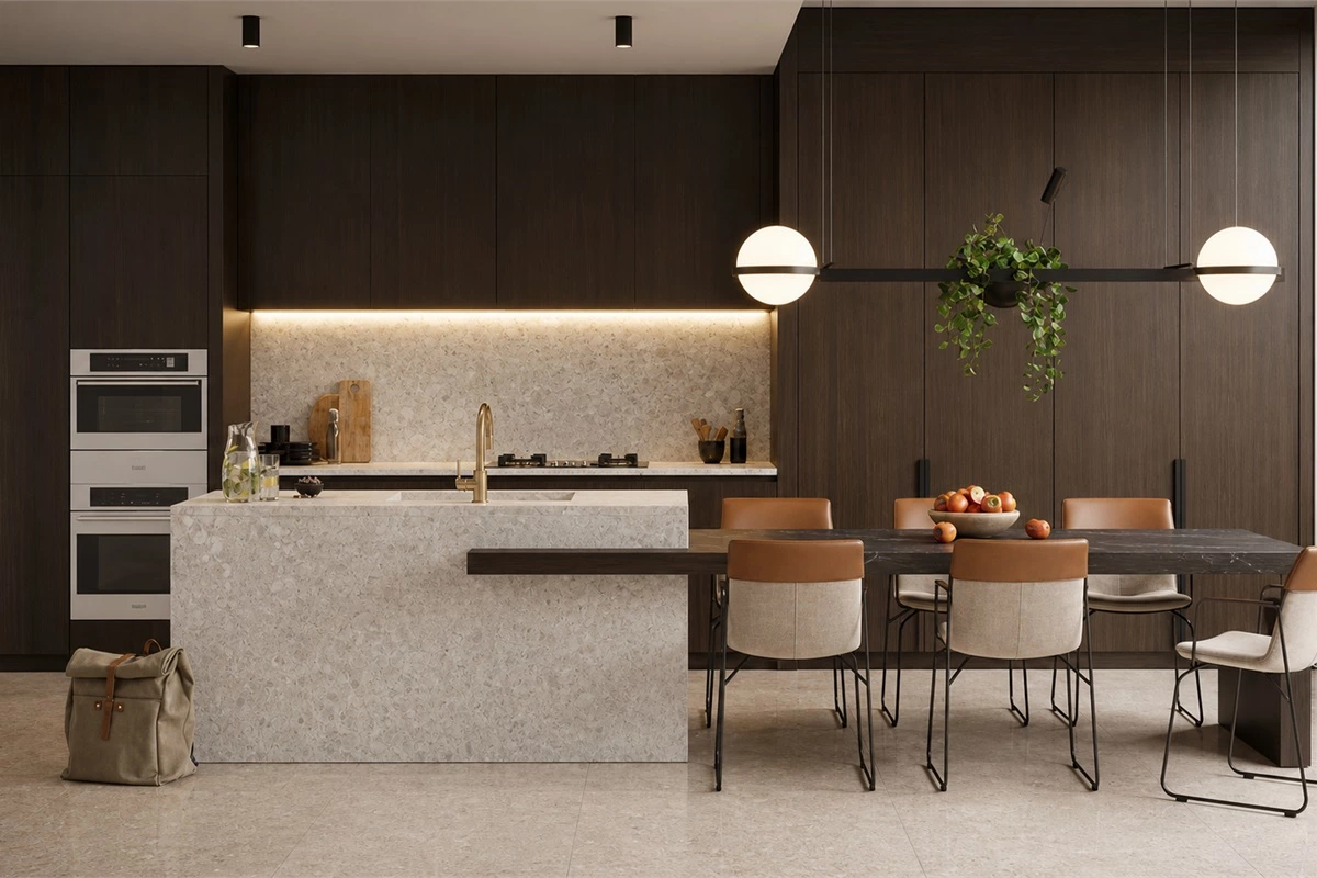 Sustainable modern kitchen materials, efficient appliances and water-saving fixtures