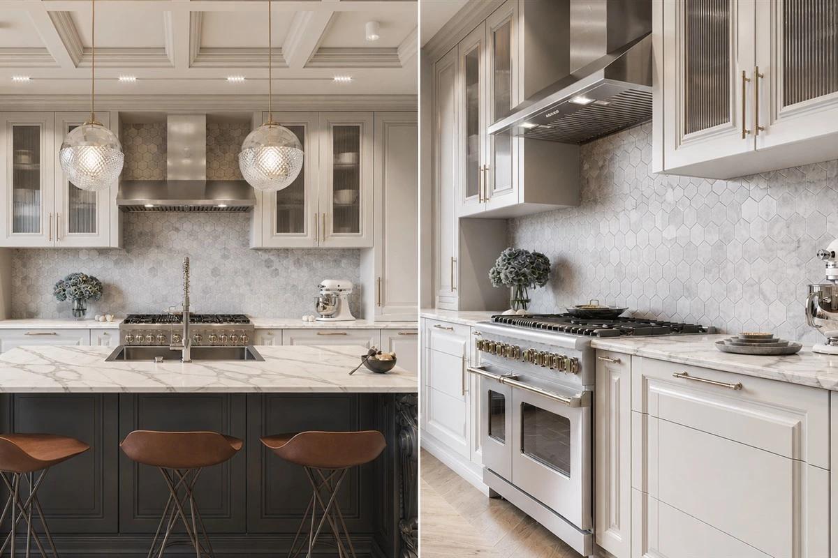 Transitional Shaker kitchen combining classic panel details, glass and stainless steel