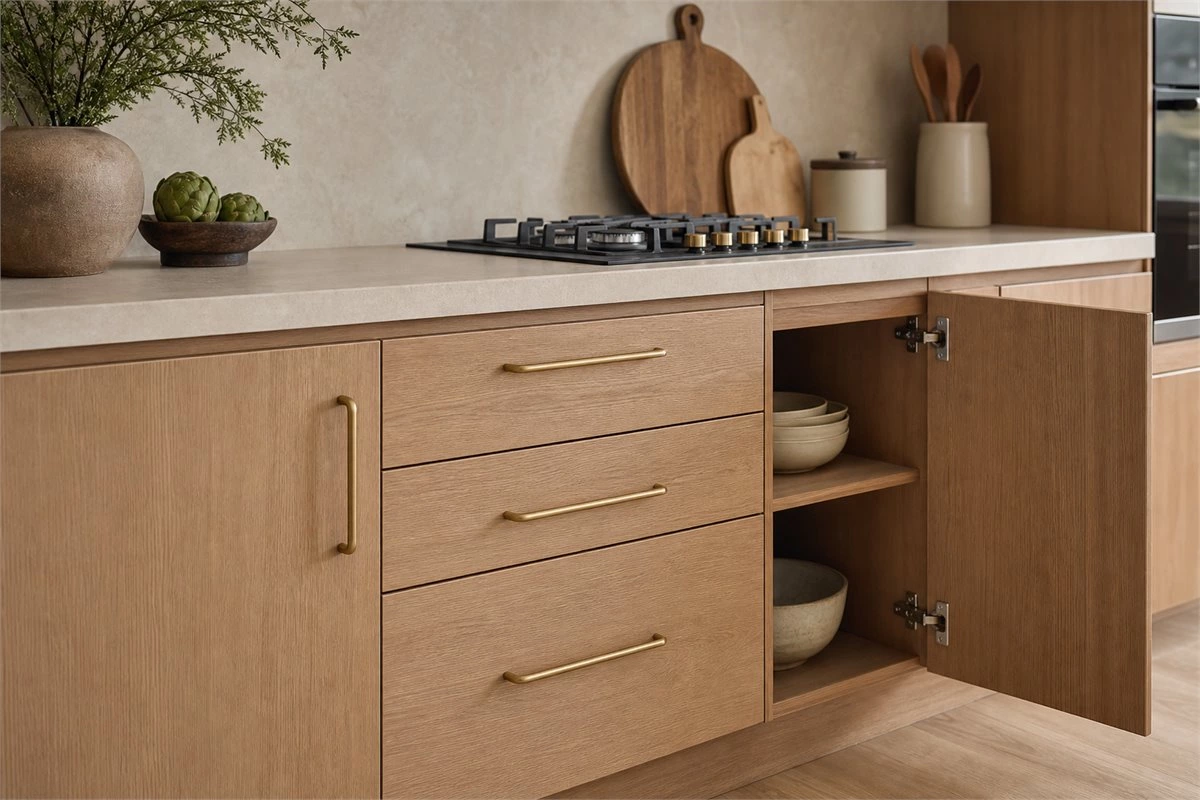 Aligned kitchen cabinet doors drawers handles and concealed hinge adjustments in a finished modern kitchen