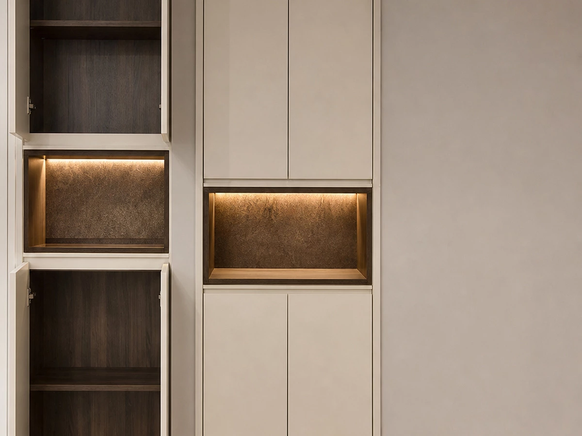 Built-in custom cabinet providing extra storage in the Shenzhen apartment