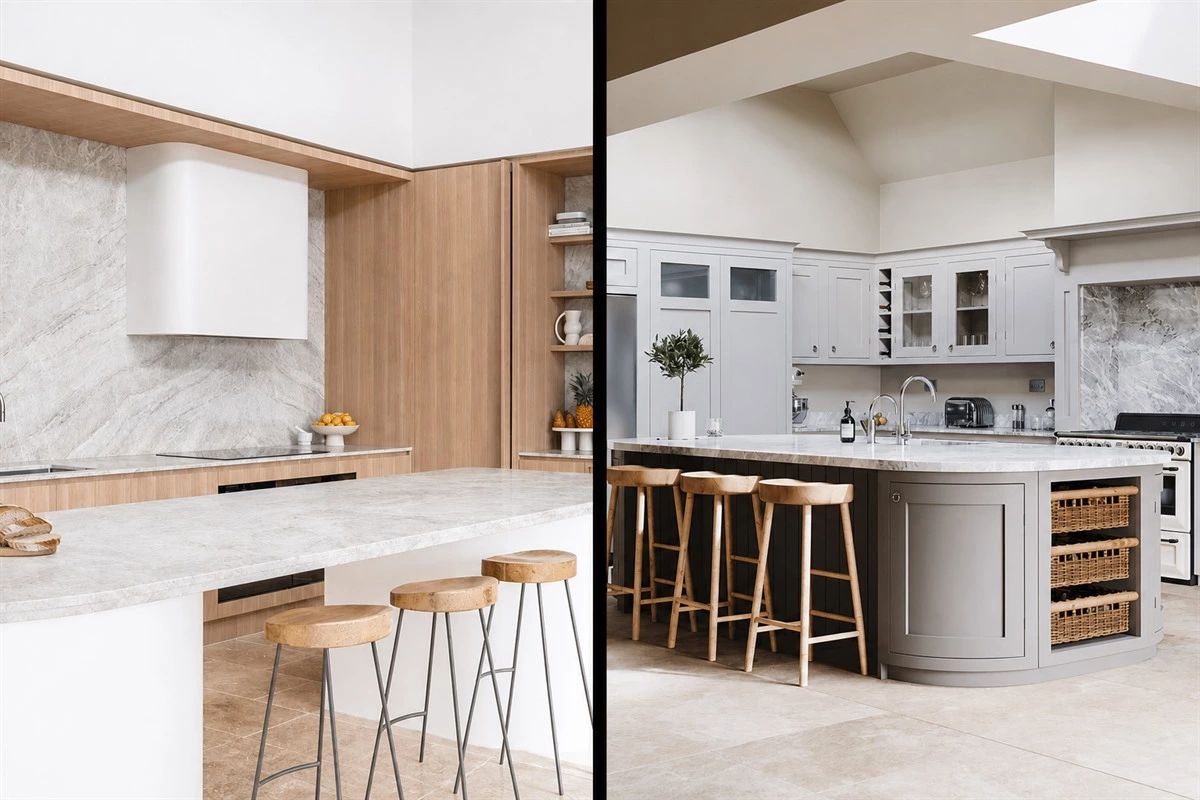 Curved kitchen cabinet corners creating a softer contemporary layout