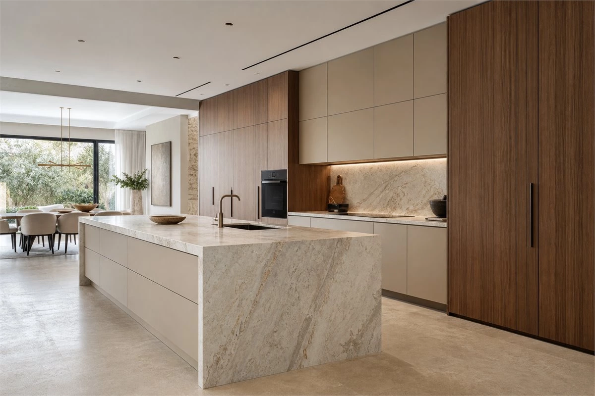 Finished custom kitchen appliance garage in an open-plan modern home