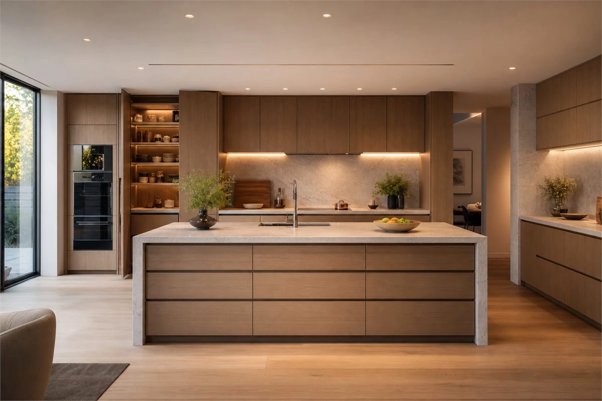 Finished custom kitchen with premium cabinet hardware drawers pantry and handleless storage