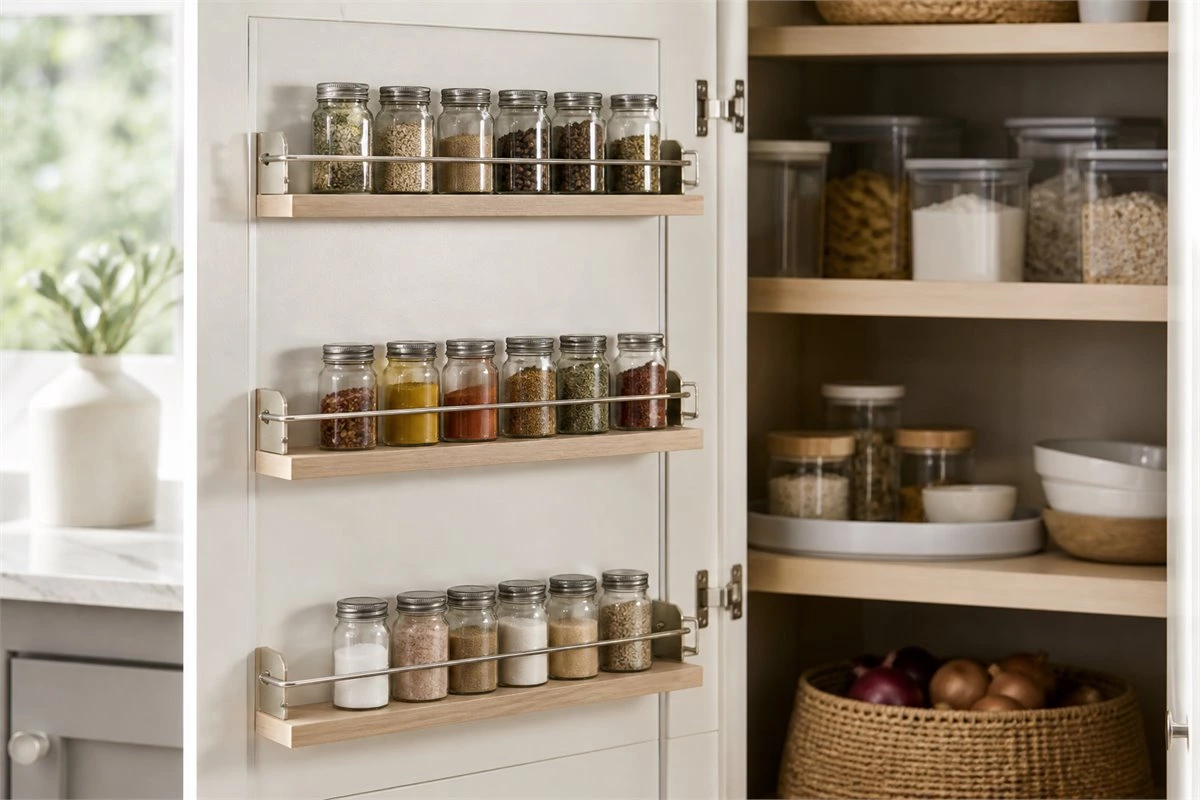 Door-mounted kitchen pantry storage for lightweight bottles, spices, and small items