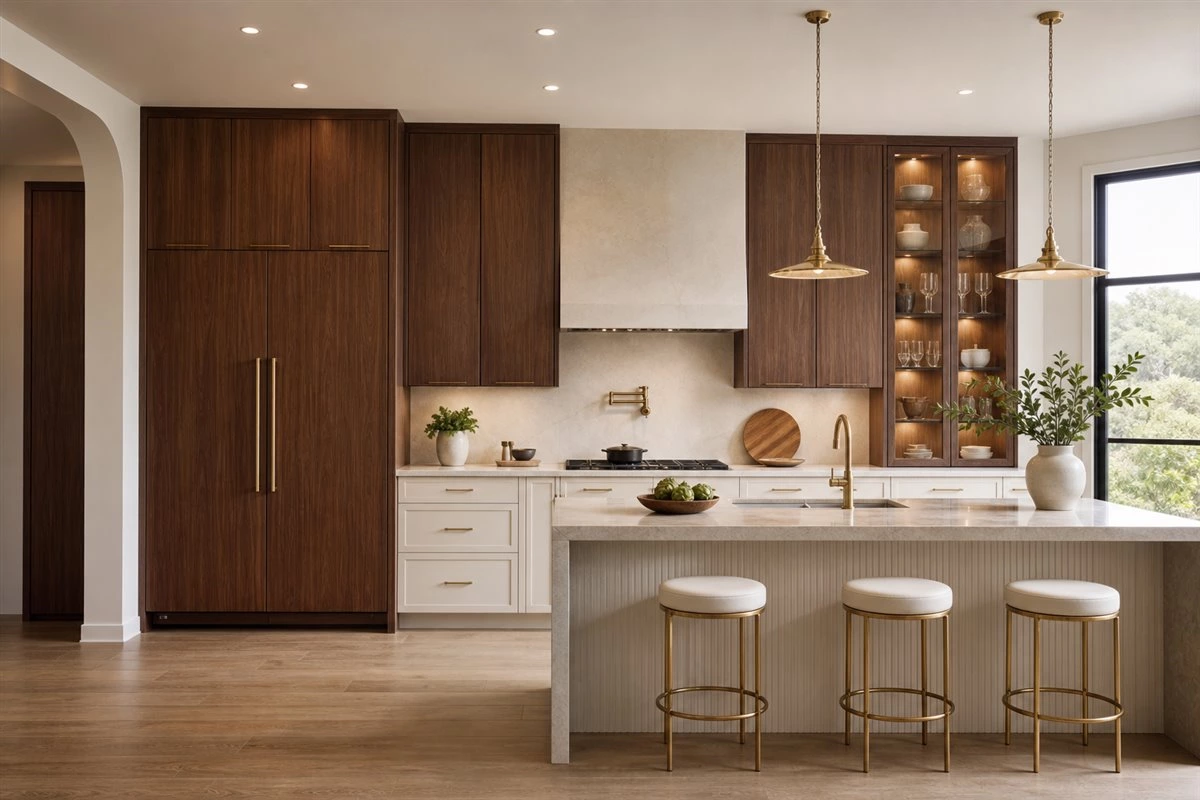 Finished custom kitchen combining Shaker slab and glass cabinet door styles