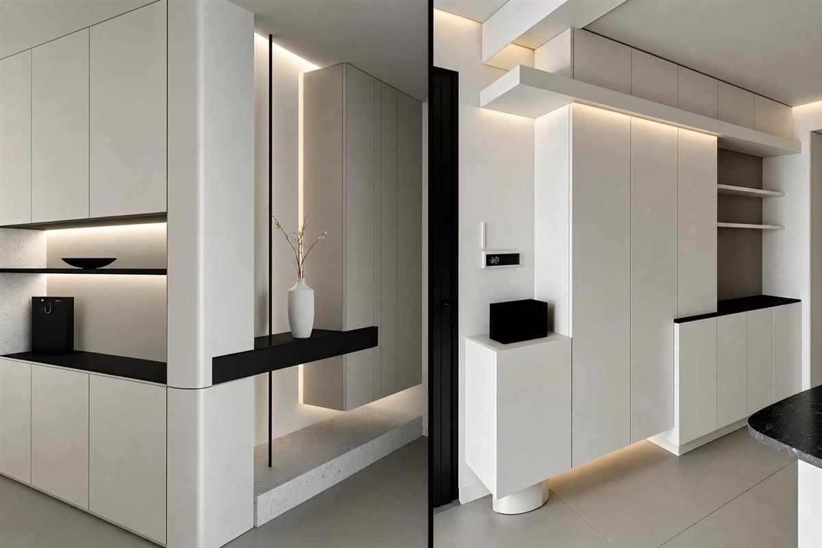 Interlocking custom cabinetry with connected storage volumes
