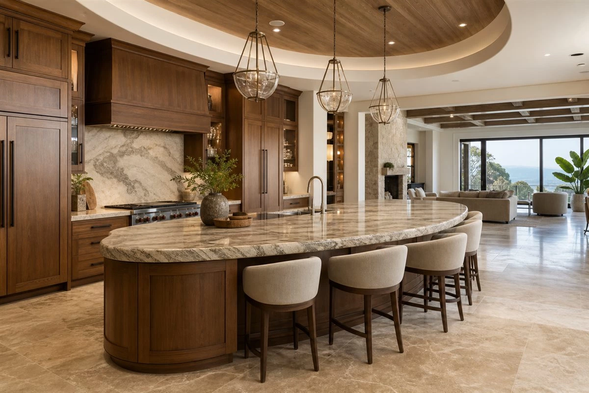 Large home curved kitchen design with custom cabinets