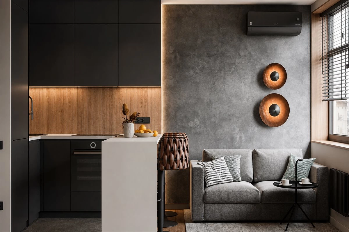 Open modern kitchen with TV wall cabinet storage Open modern kitchen with black and wood cabinets, white dining bar and TV wall storage