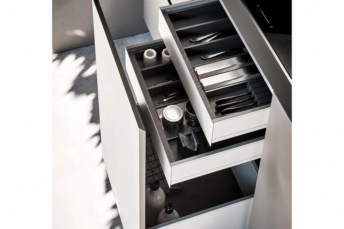 Smart internal cabinet layout with accessible drawer storage