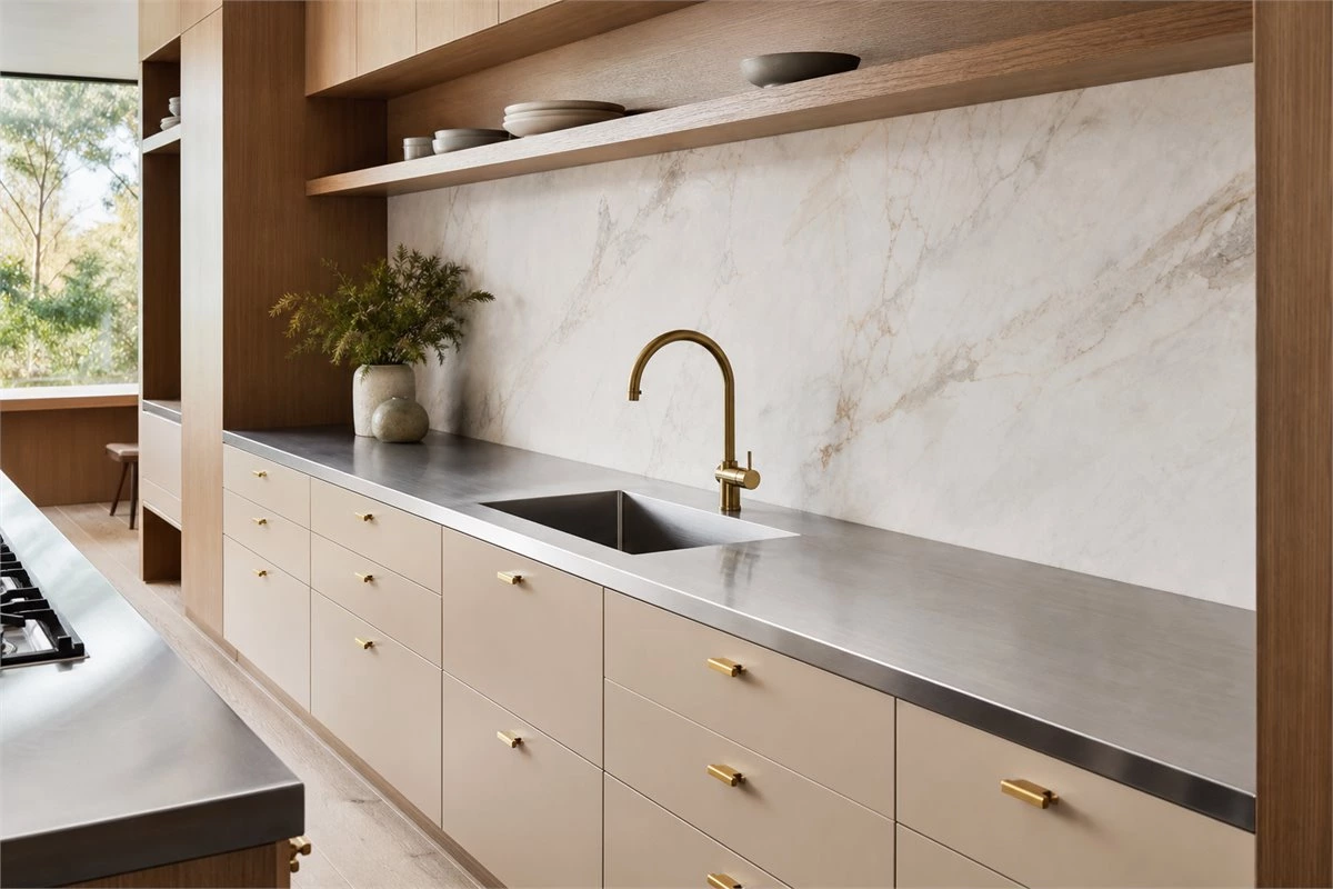 Stainless steel countertop paired with marble backsplash in a modern kitchen