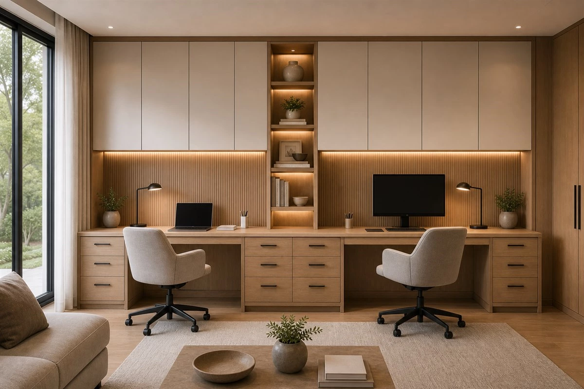 two person custom home office cabinets for family study with shared storage