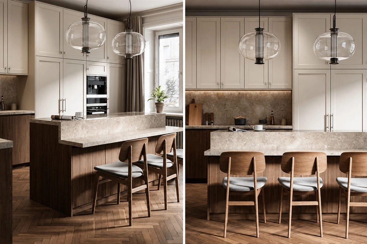 Warm white Shaker kitchen with wood details and a stepped kitchen island