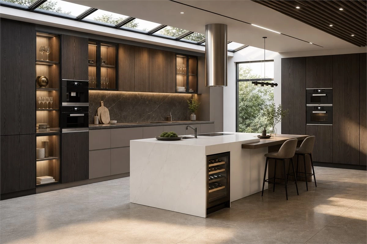 Wood Glass and Stone Integrated Kitchen Integrated kitchen combining wood, glass, tactile finishes, and stone