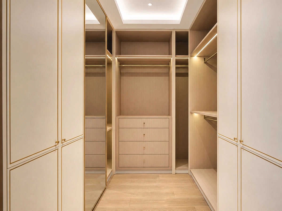 Walk-in closet with mirrored doors and coordinated painted cabinetry