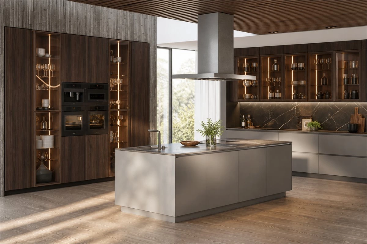 Custom Kitchen Storage Zones with Wood and Stone Custom integrated kitchen storage zones with wood cabinets and stone details