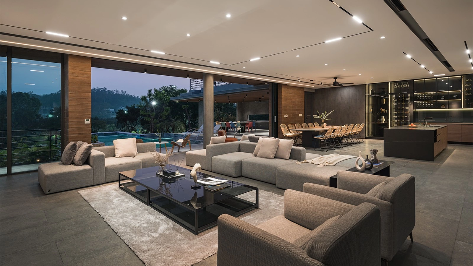 Evening lighting in an open plan kitchen and living space