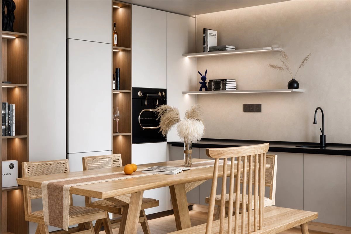 Low freestanding dining sideboard creating a spacious dining room feel