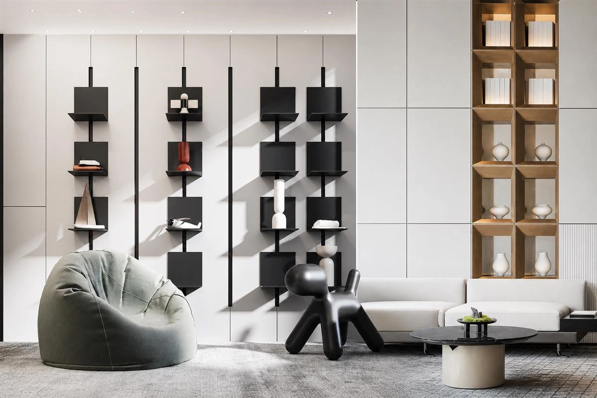 Matrix composition custom cabinetry for organized wall storage