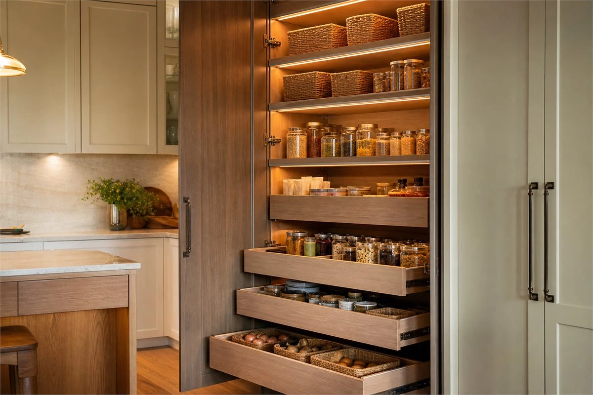 Pull-out pantry storage with concealed LED lighting for improved visibility