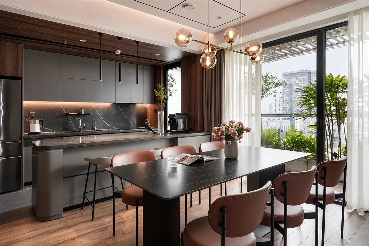 Minimalist kitchen lighting with natural light spotlights and under-cabinet LED task lighting
