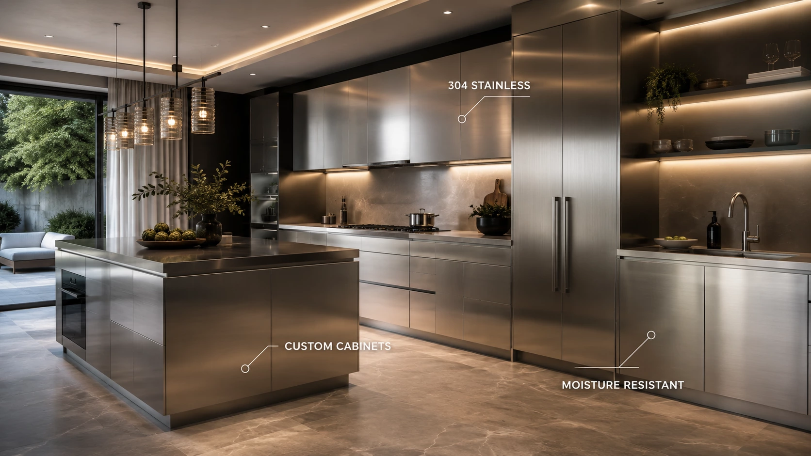 Stainless steel cabinet materials used in a modern custom kitchen