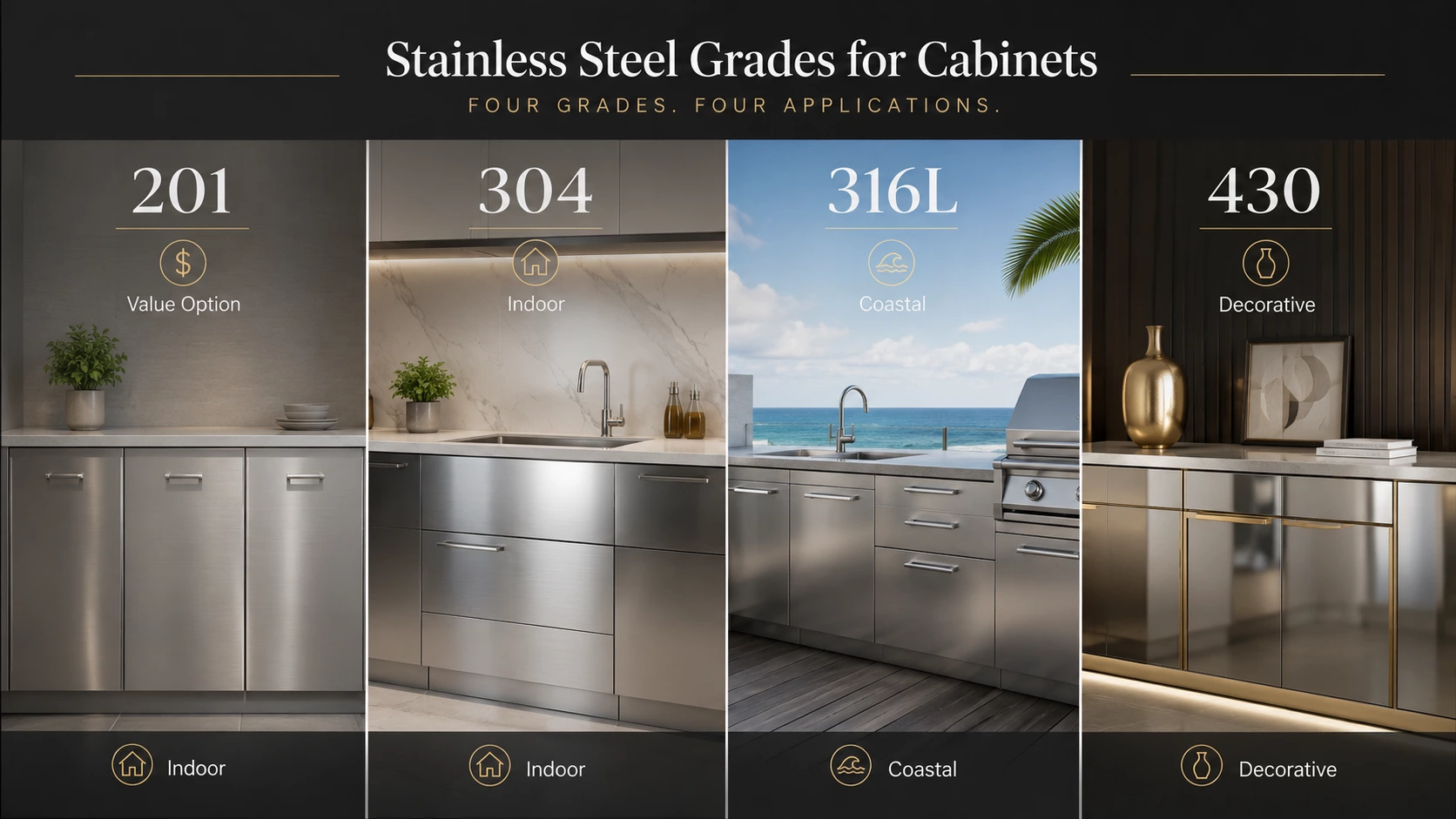 304 304L 316L 430 and 201 stainless steel grades for cabinet materials