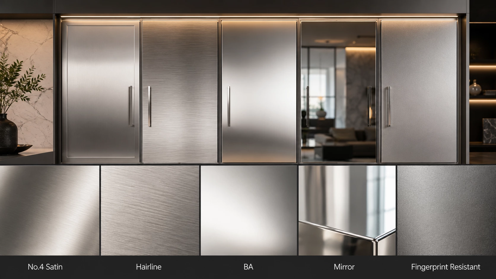 No 4 hairline BA mirror patterned PVD and fingerprint resistant cabinet finishes