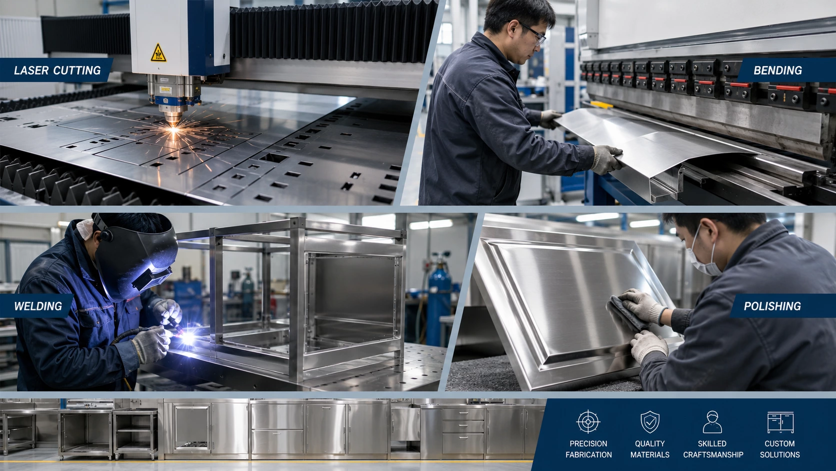 Stainless steel cabinet sheet cutting bending welding polishing and assembly