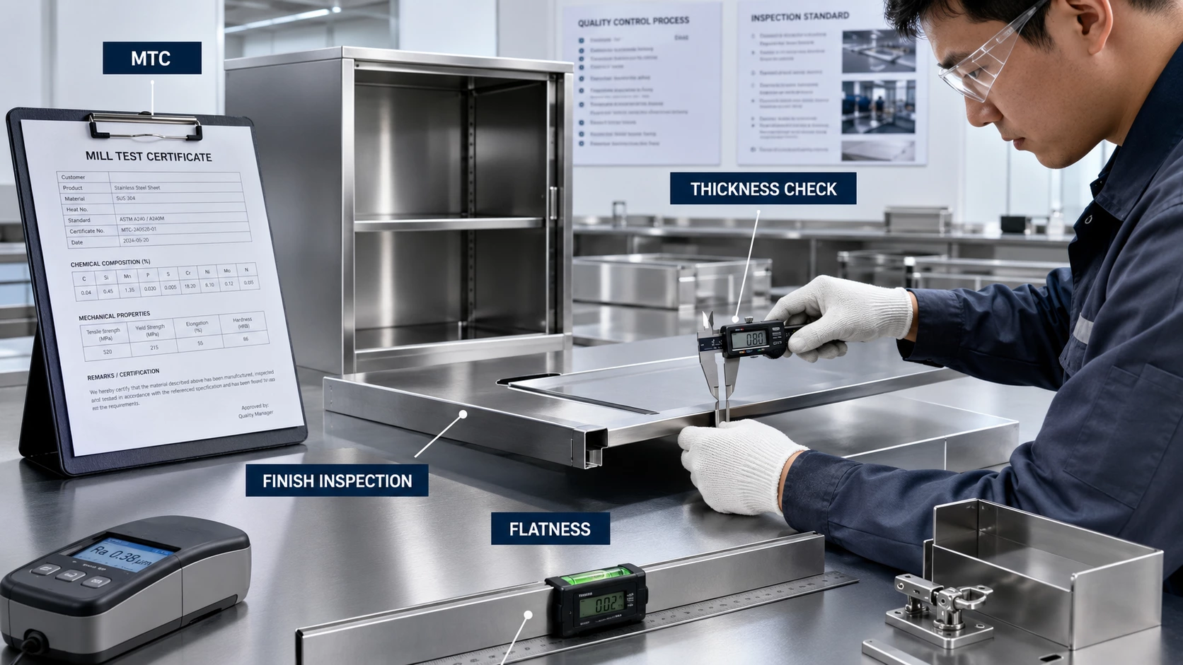 Stainless steel cabinet material certificate thickness finish and flatness inspection
