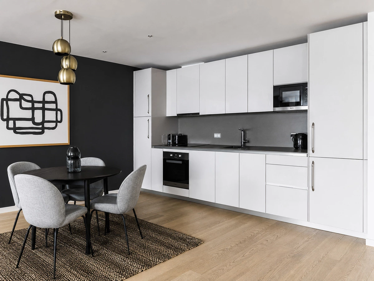 Black and white kitchen cabinets in a Birmingham private apartment