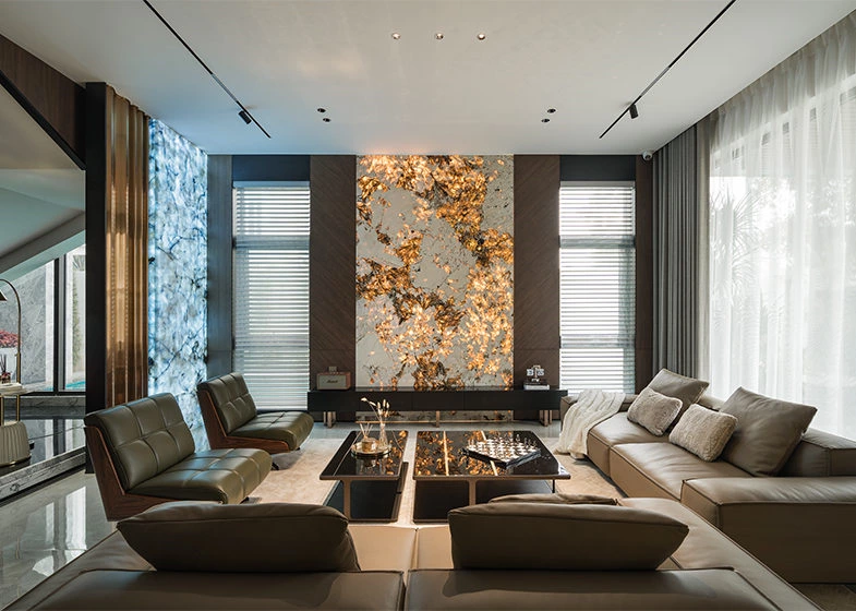 Modern Living Room: Golden Stone Feature Wall