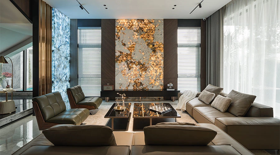 Modern Living Room: Golden Stone Feature Wall