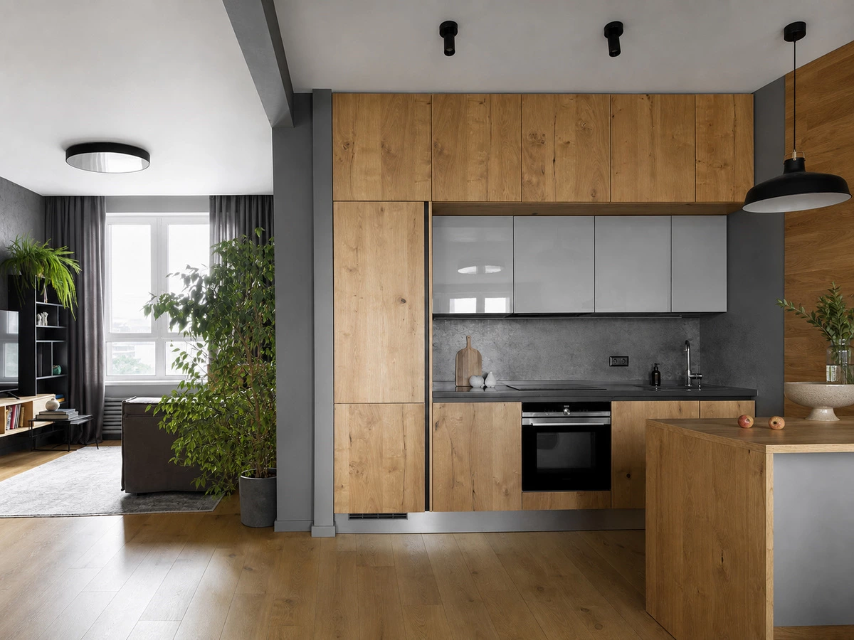 Grey oak kitchen cabinets in a modern Brasilia apartment