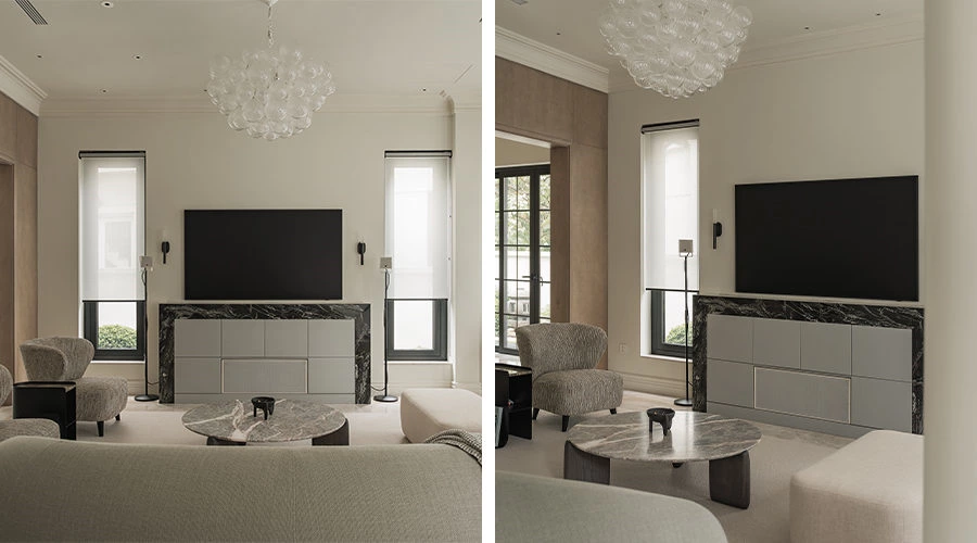 Symmetrical Living Room: Soft, Balanced Space