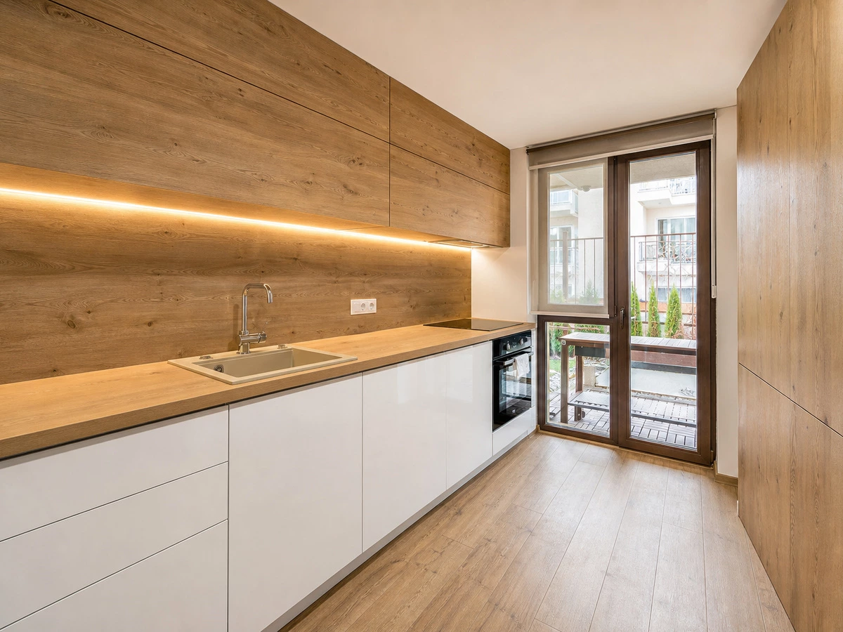 Tall kitchen storage cabinet in a wood and white Sofia full house project